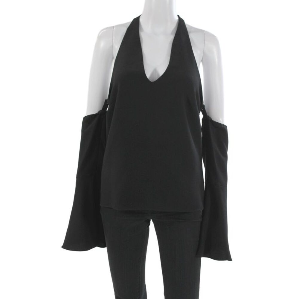 Scripted Women Tunic Blouse Halter Tie Long Sleeve Black Petite Size S
